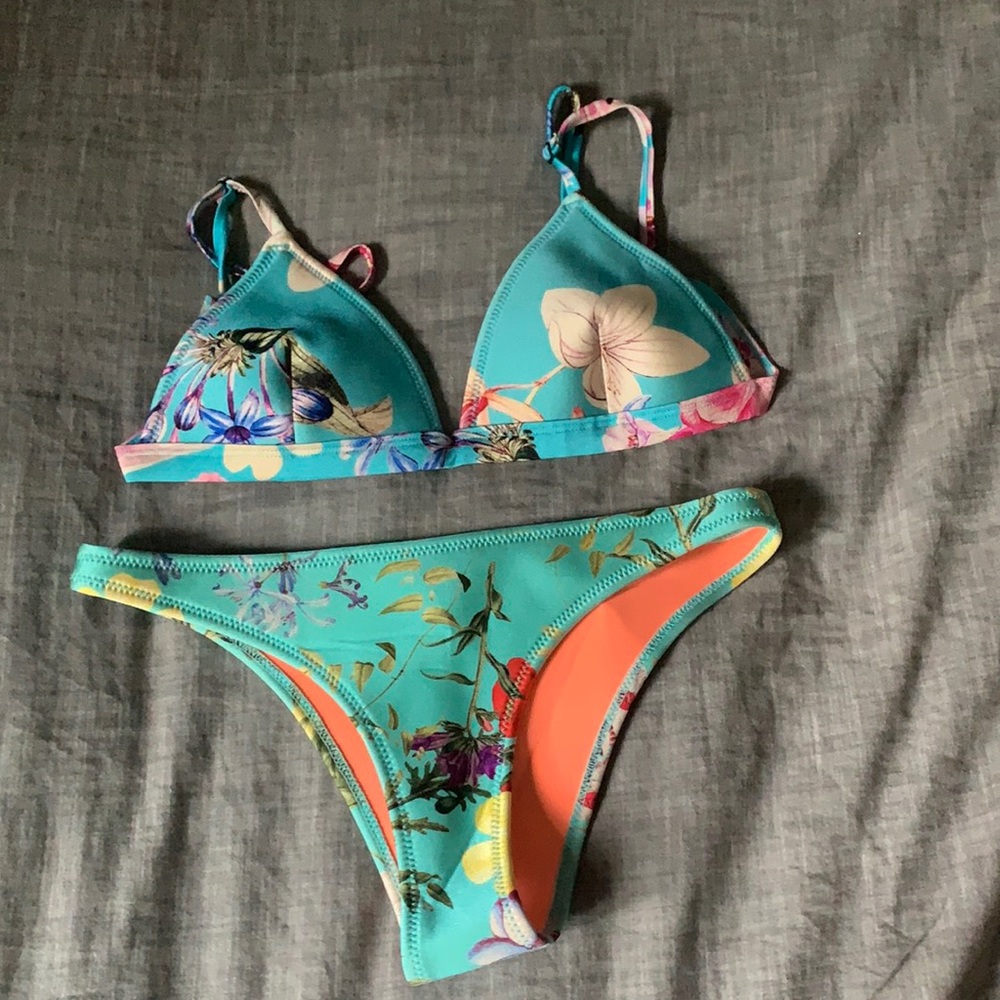 Triangl Swimwear Floral Bikini - Turquoise and Coral